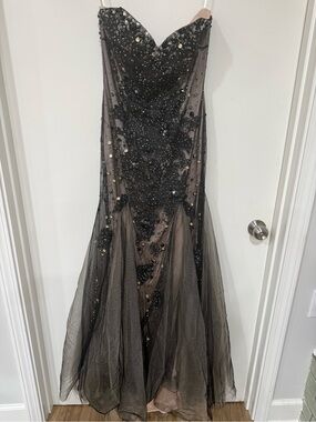 Dark Gray Strapless Beaded Tulle Evening Gown